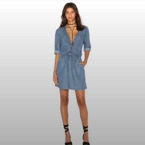 Michael Stars Denim Chambray Tencel Drawstring Waist Button Down Shirt Dress XS - Picture 1 of 13